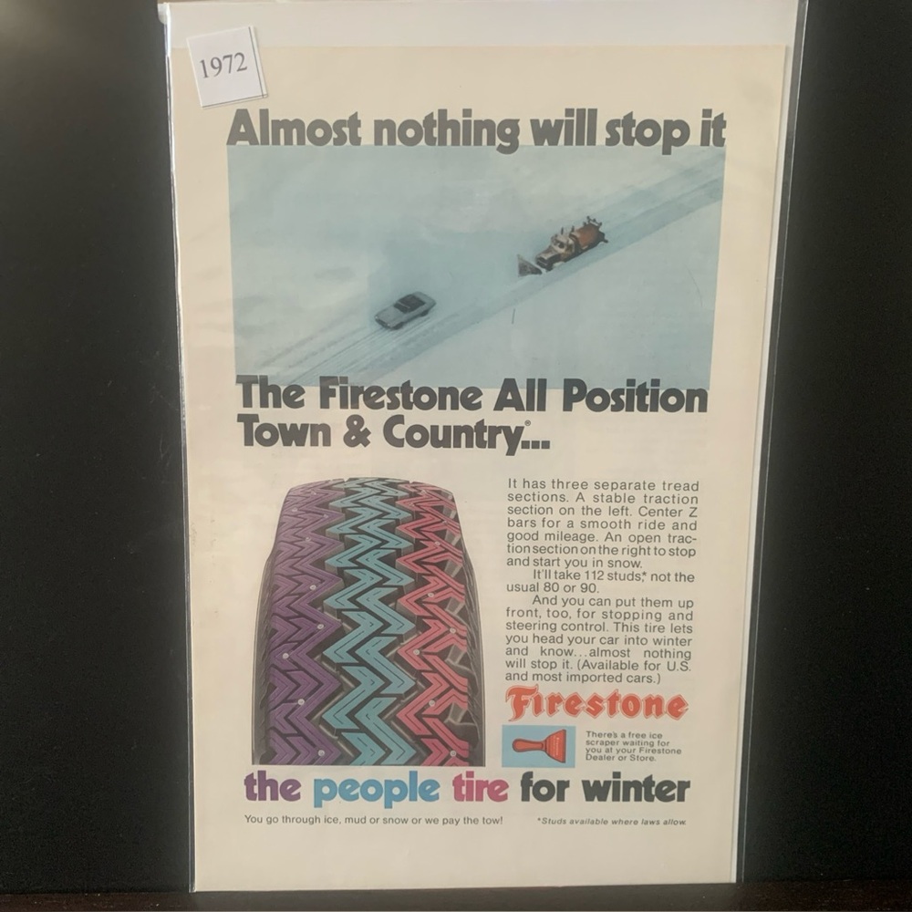 Vintage 1972 Firestone Almost Nothing Will Stop It Ad Advertisement